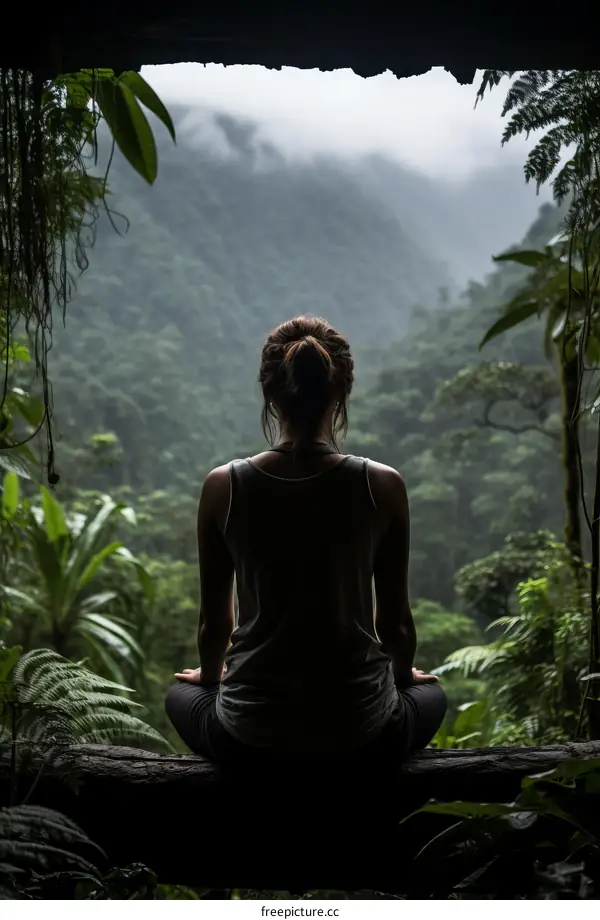 woman meditating in the middle of the jungle