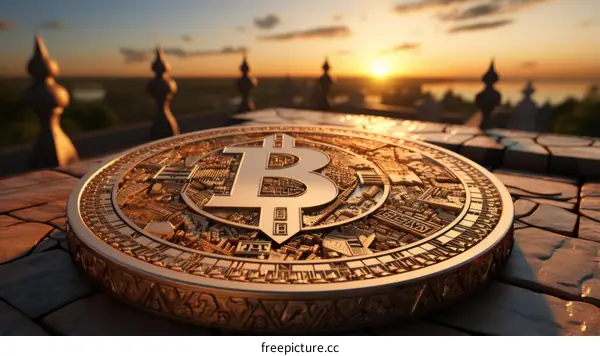 Golden Bitcoin on Stone Pedestal at Sunset