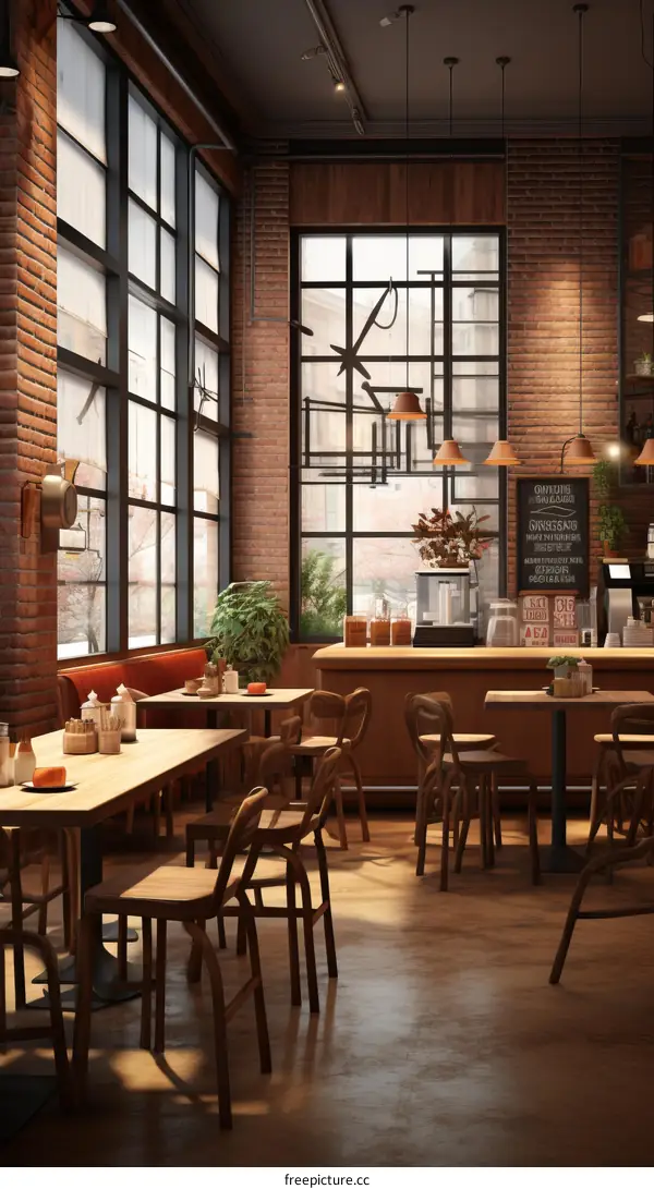 cozy coffee shop interior with brick walls and large windows