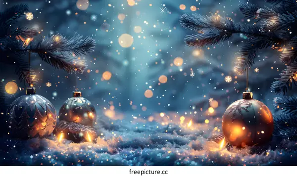 Christmas background with hanging ornaments and blurred lights