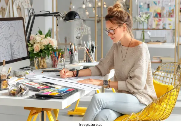 Female Designer Working on a Design Project in a Stylish Studio