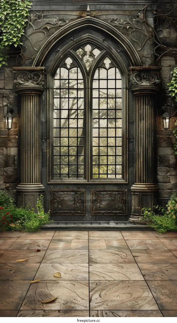 Gothic style arched double door with stone columns and plants growing around it