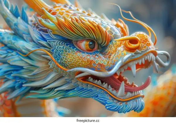 A close-up of a colorful and majestic dragon with intricate details and vibrant colors