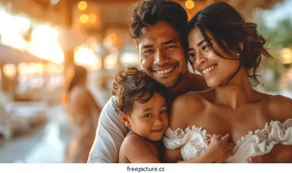 Happy family of three smiling together