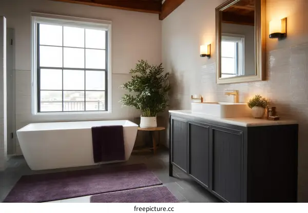 Modern Luxury Bathroom with Large Window and Bathtub