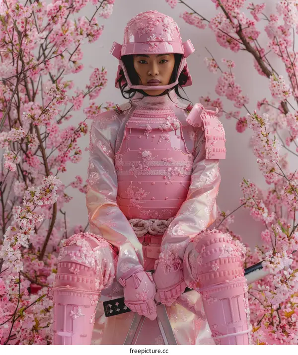 A woman wearing a pink samurai armor with cherry blossoms