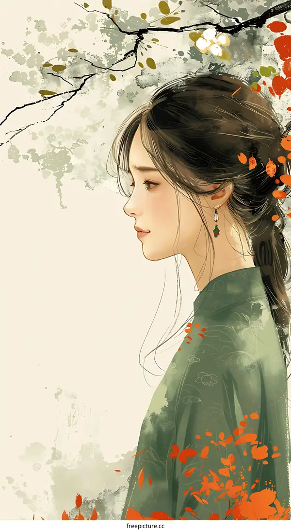 A beautiful Chinese woman in a green dress is looking at the red leaves falling from the tree.