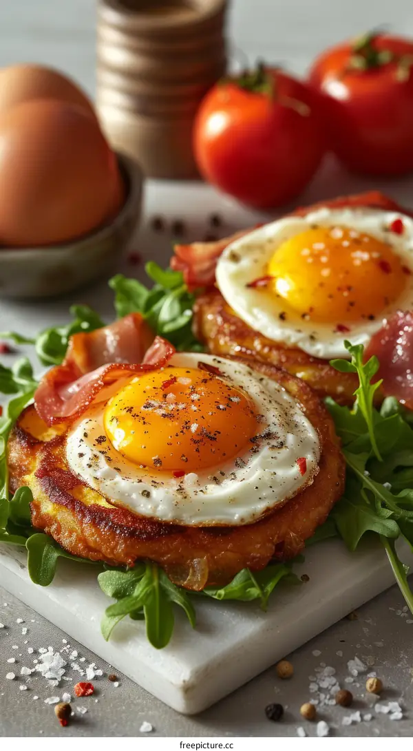 Fried eggs with bacon and salad