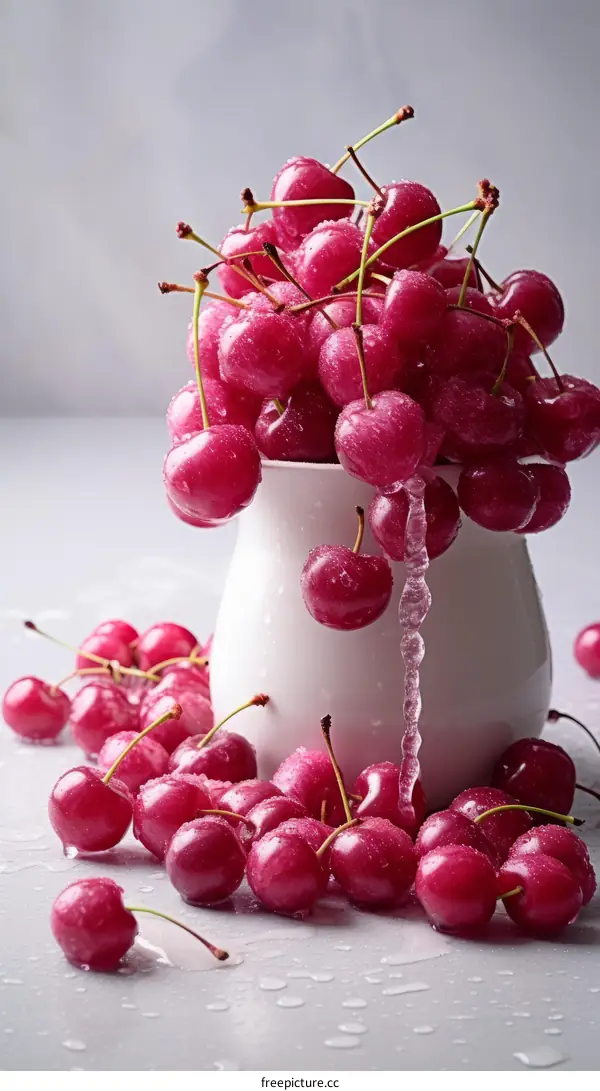 Cherries spilling out of a white ceramic vase