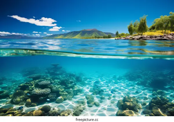Half Underwater Split View of Tropical Beach and Coral Reef with Fish