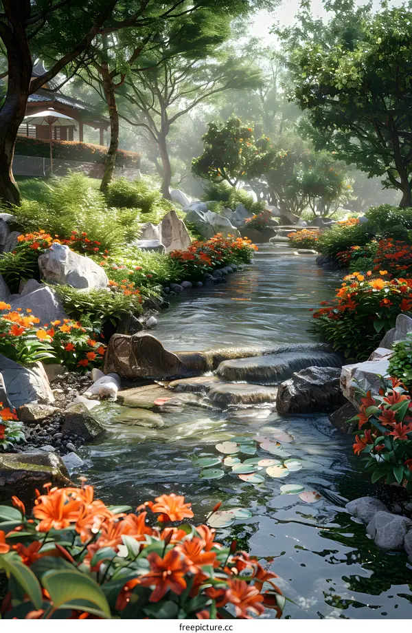 A beautiful landscape with a small river flowing through it. The river is surrounded by green trees and flowers of various colors.