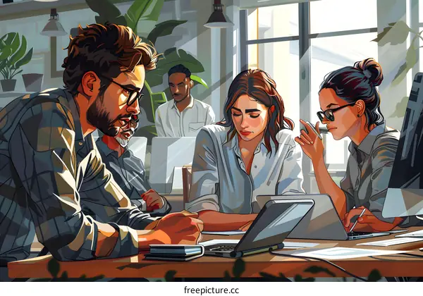 Colleagues discussing ideas in an office