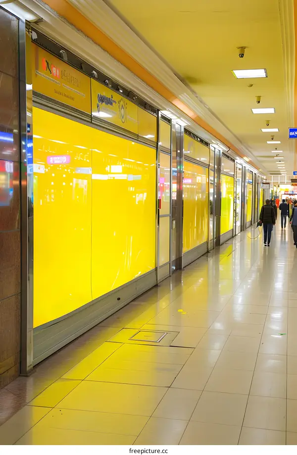 Empty Storefronts in Shopping Mall Corridor With People Walking By