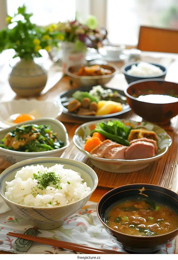 Traditional Japanese Cuisine with Steamed Fish, Vegetables, and Miso Soup