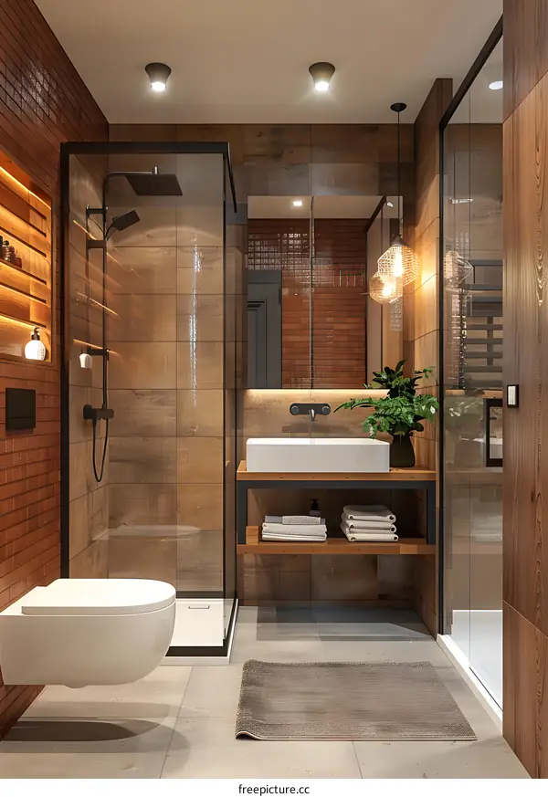 A modern bathroom with a shower, sink, toilet, and tiled walls.