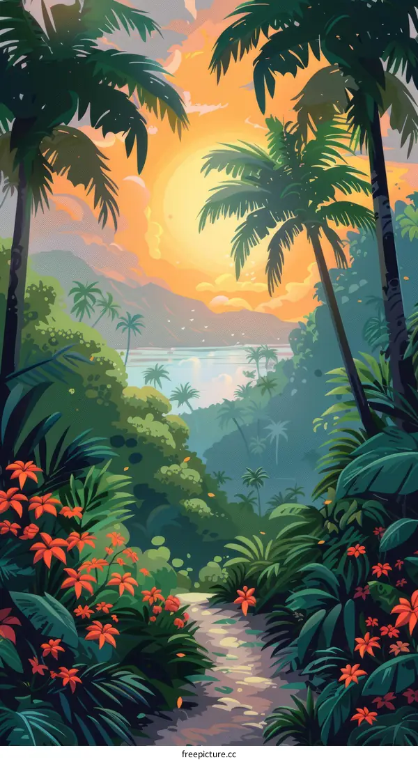 The setting sun shines through the lush green jungle foliage