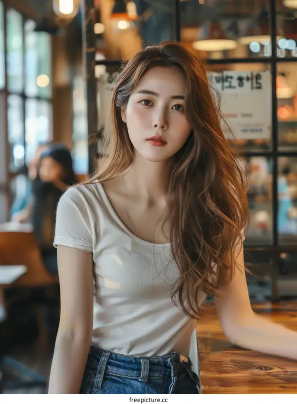 A young woman with long brown hair and brown eyes is sitting at a table in a restaurant.