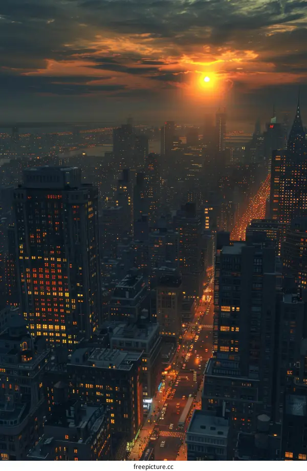 City Skyline at Sunset with Illuminated Buildings