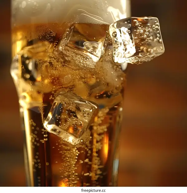 Closeup of Glass of Beer with Ice Cubes