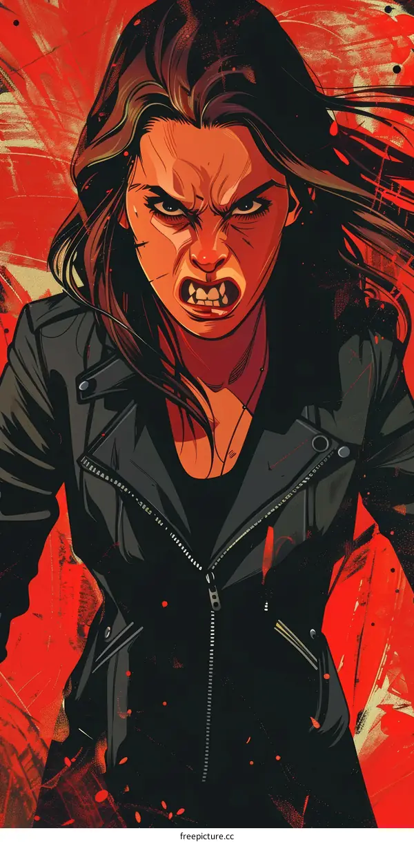 Illustration of a fierce looking woman in a black leather jacket with red background