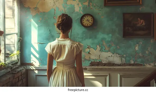 woman in white dress standing in front of turquoise wall