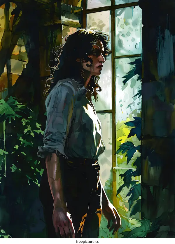 Woman Standing in a Window Looking Out at Nature