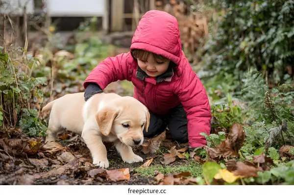 Young Girl and Dog Playing in a Garden
