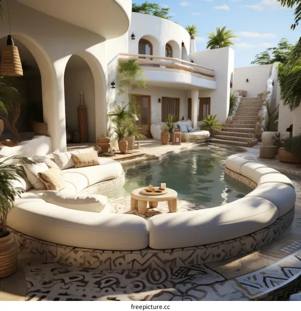 A luxurious villa with a pool and a seating area