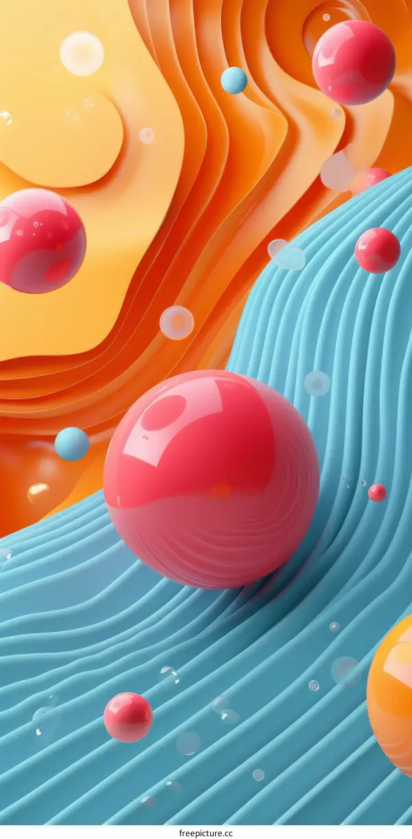 Pink and orange spheres float above blue waves