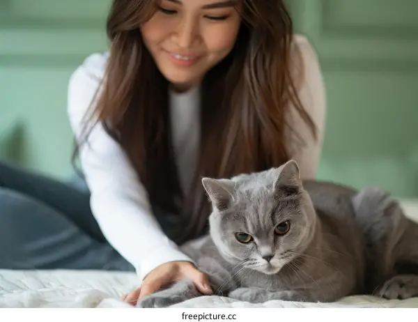 A young woman is sitting on a bed with a gray cat