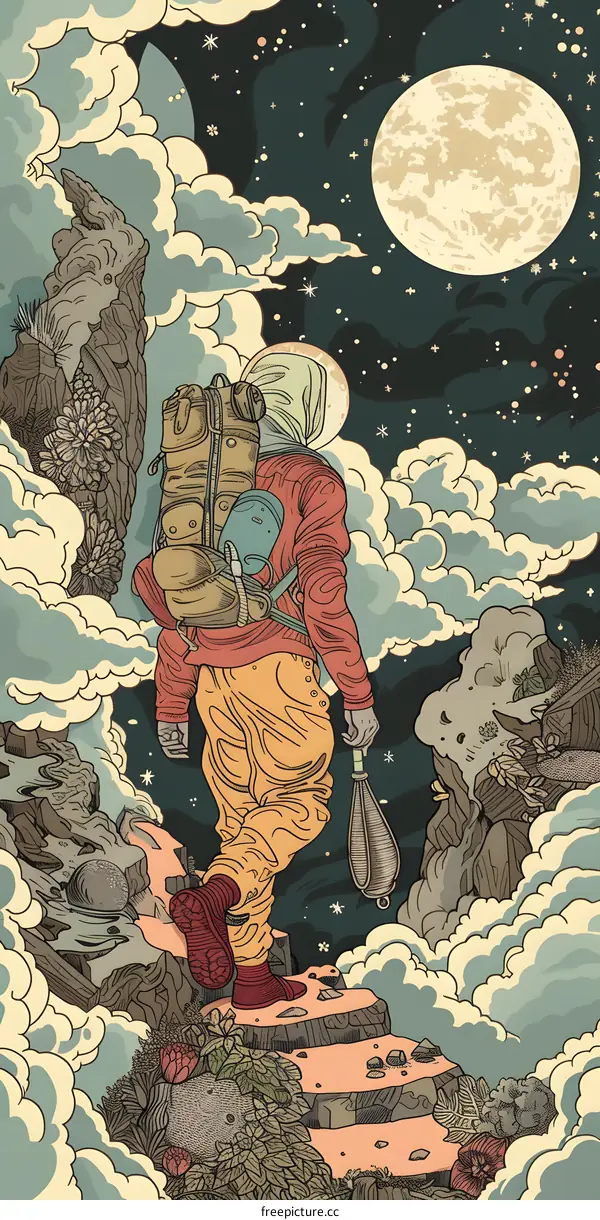 A Man Walking on Clouds under the Full Moon