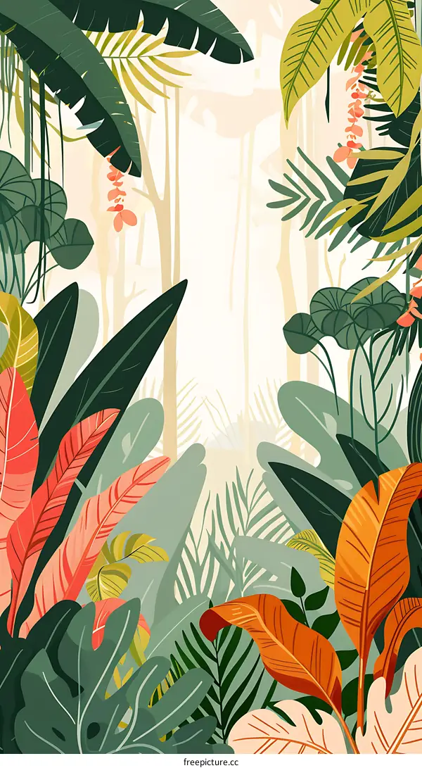 Tropical Rainforest Illustration with Green and Orange Leaves