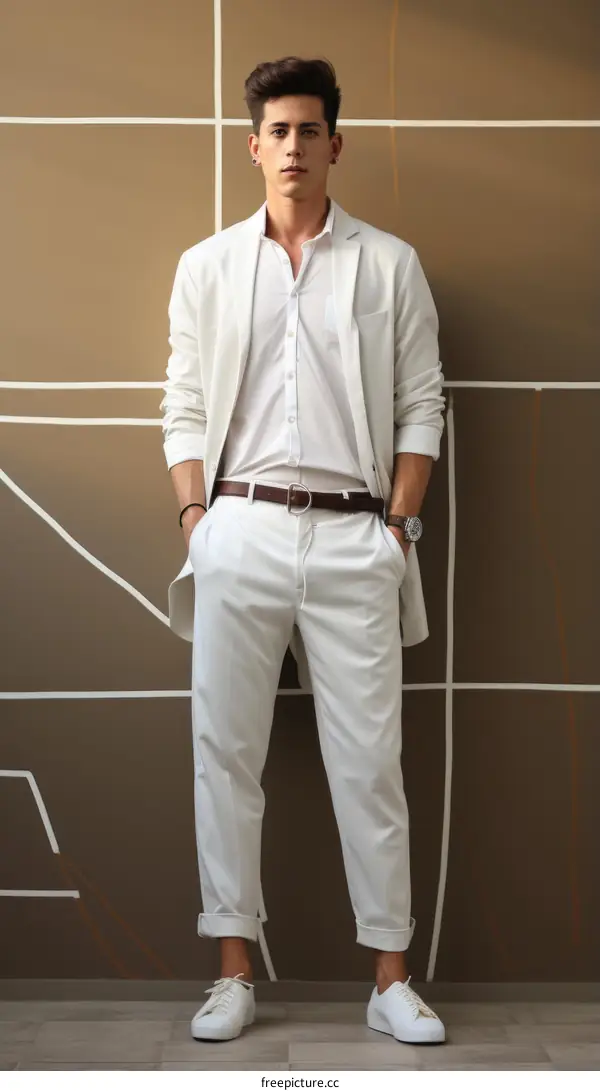 Young man wearing white suit with hands in pockets
