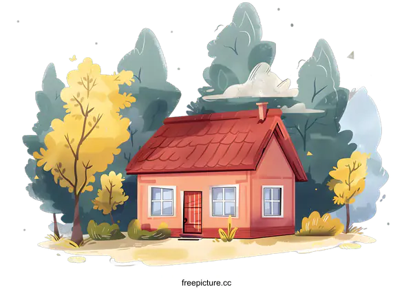 [Transparent Background PNG]Cartoon Illustration Of A Small House In The Forest