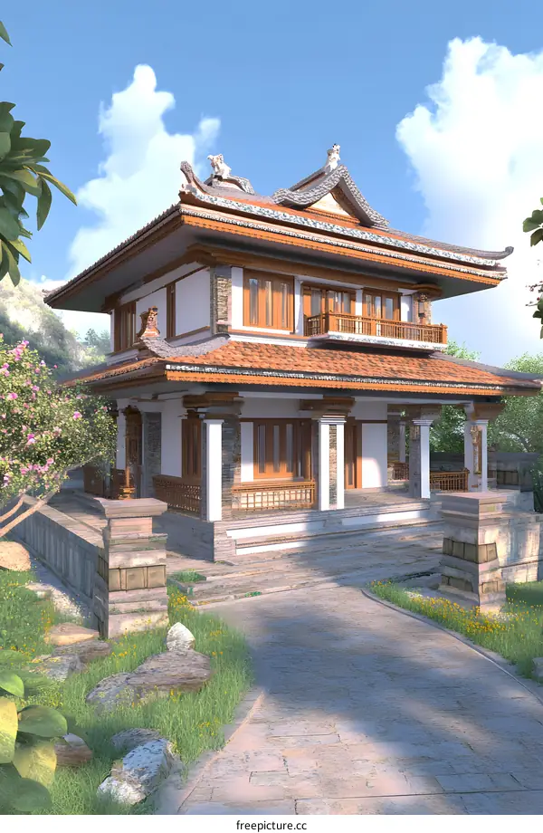 Traditional Chinese Style Architecture with Curved Roof and Stone Pathway