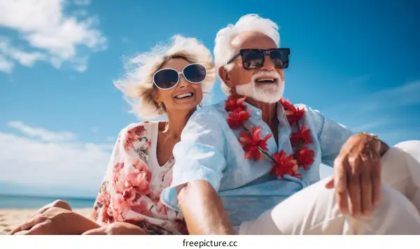 Happy retired couple on the beach