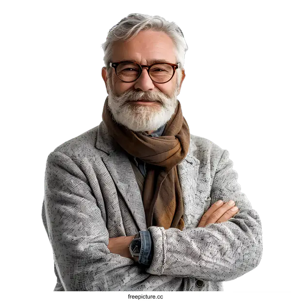 [Transparent Background PNG]portrait of a smiling senior man with beard and glasses