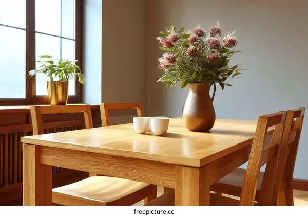 Wooden Dining Table with Flowers and Chairs