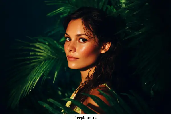 Beautiful Woman in Tropical Leaves Portrait
