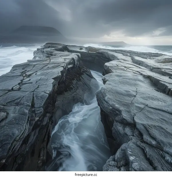 Dramatic seascape with a rock arch and a raging sea