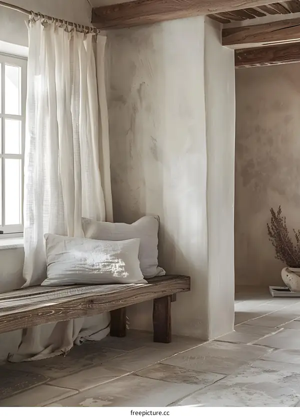 Rustic Wooden Bench with Linen Pillows and Sheer Curtains in a Farmhouse Interior