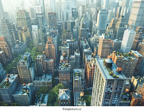 Aerial View of a Dense Cityscape with Modern Buildings and Green Roofs