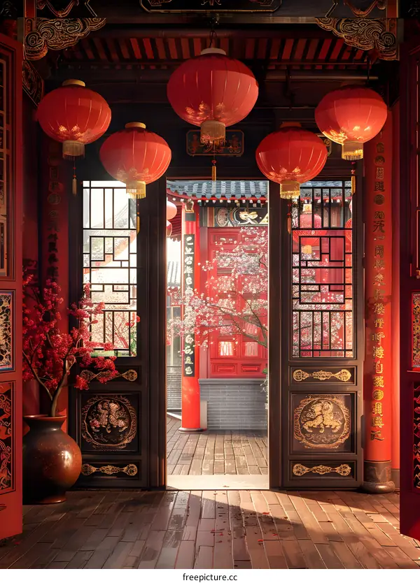 Chinese courtyard with red lanterns