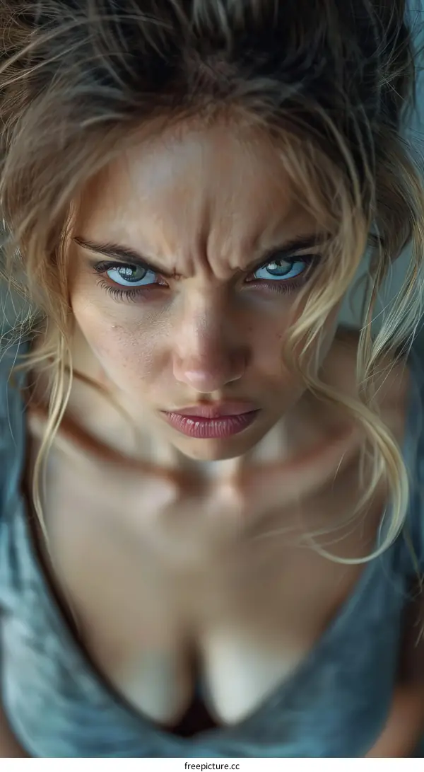Close-up Portrait of a Caucasian Woman with Intense Expression