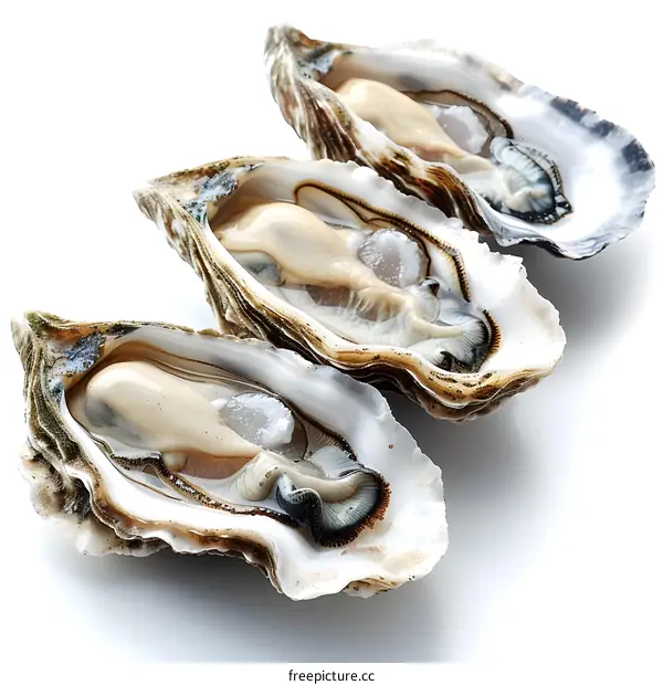 Three opened fresh oysters on a white background