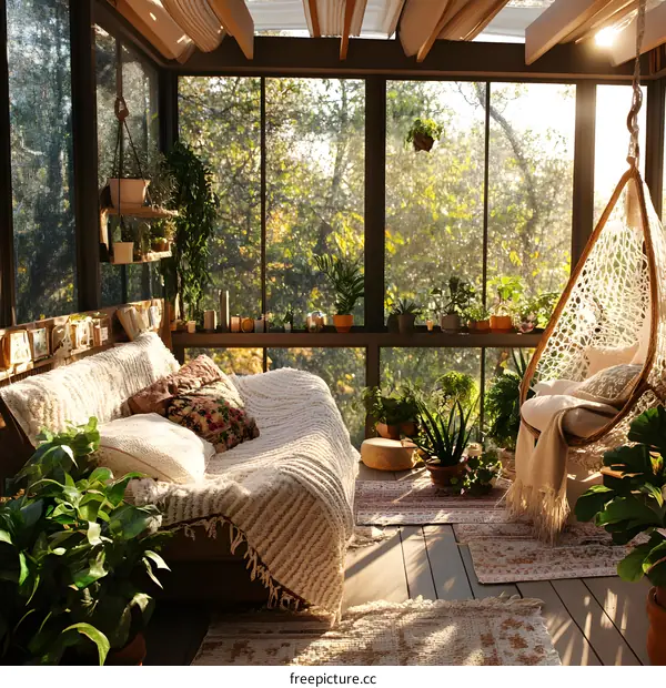 Cozy Sunroom with Hanging Chair and Plants