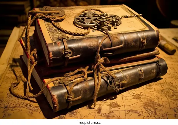 Two old books with rope and a compass on a world map