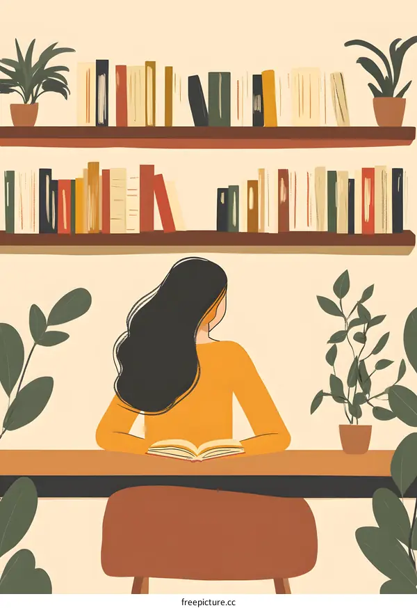 Woman Reading Book In Home Library