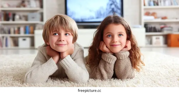 Two Children Relaxing on Carpet