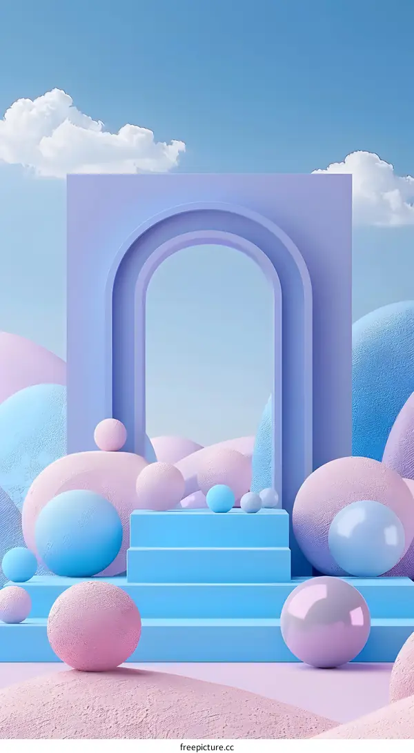 Abstract 3D Render with Pastel Blue and Pink Spheres and an Arch